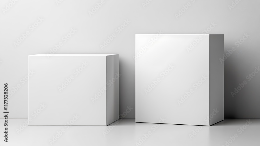 Two white blocks, one short and one tall, sit on a light gray floor. Two white blocks, one short and one tall, sit on a light gray floor.