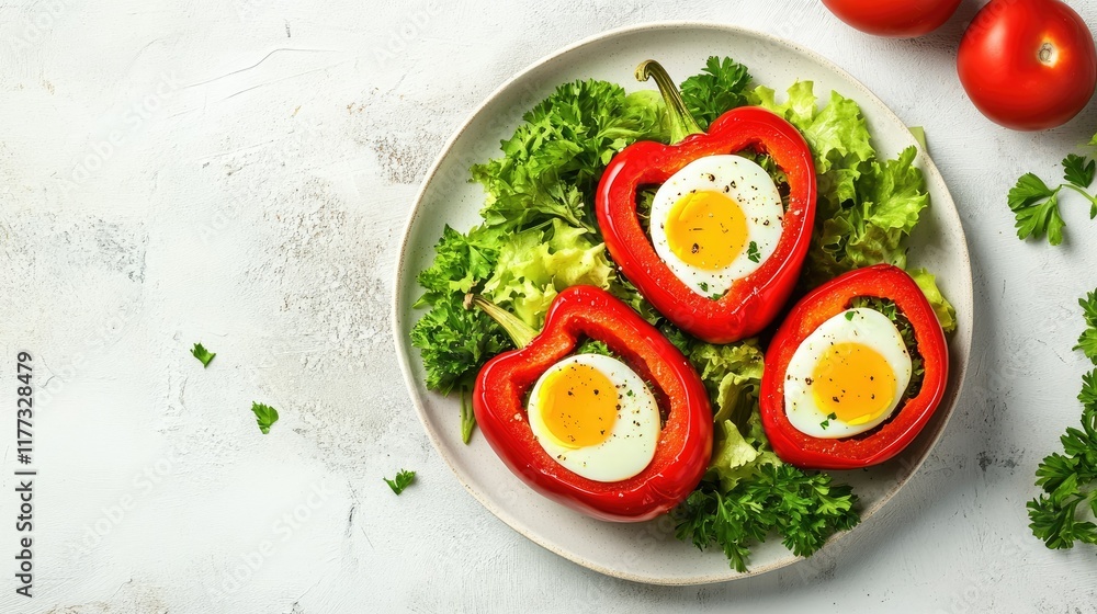A vibrant lunch plate featuring red peppers stuffed with leafy green salad and eggs, garnished with parsley, styled on a light surface with ample space for text A vibrant lunch plate featuring red peppers stuffed with leafy green salad and eggs, garnished with parsley, styled on a light surface with ample space for text