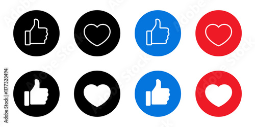 Like and love icon of social media communication elements. Thumb up and heart sign symbol