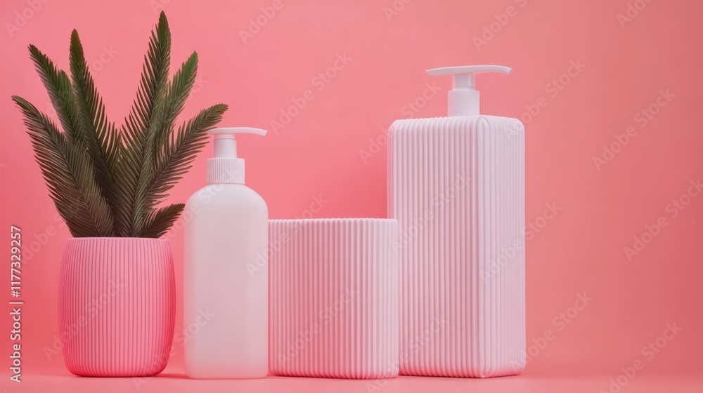 Stylish Minimalist Arrangement of Decorative Bottles and Green Plant on a Soft Pink Background for Modern Lifestyle and Beauty Themes Stylish Minimalist Arrangement of Decorative Bottles and Green Plant on a Soft Pink Background for Modern Lifestyle and Beauty Themes