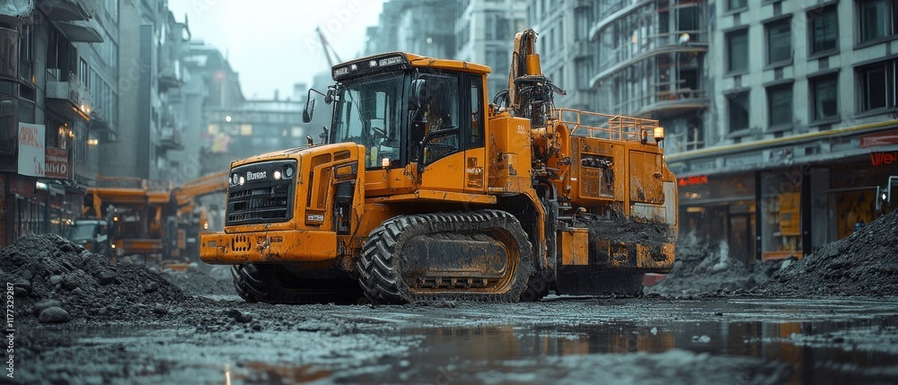 A construction vehicle working on a city street amidst urban development. A construction vehicle working on a city street amidst urban development.