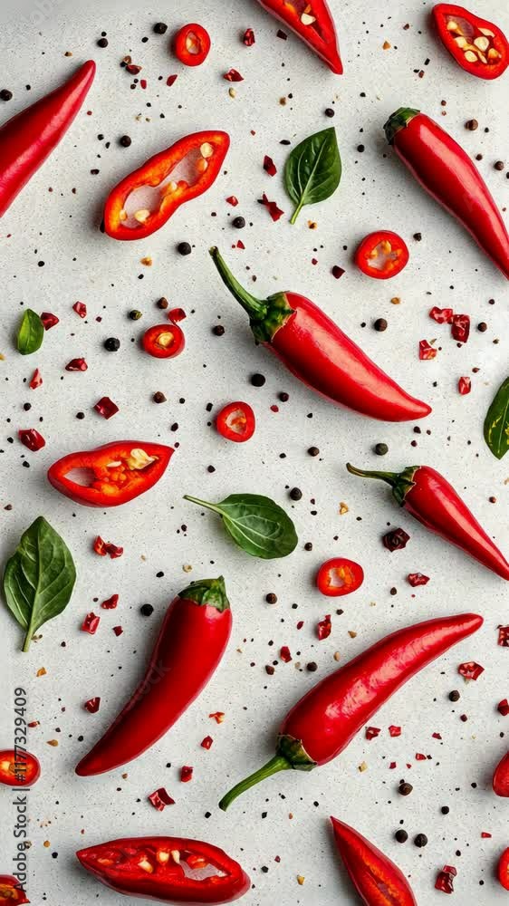 Red chili peppers arranged artistically on a light surface with fresh leaves and spices scattered around Red chili peppers arranged artistically on a light surface with fresh leaves and spices scattered around