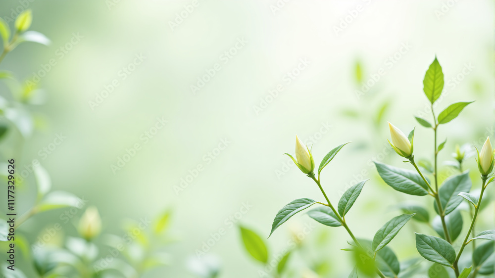 A serene image showcasing vibrant green leaves and delicate buds in soft, natural light. A serene image showcasing vibrant green leaves and delicate buds in soft, natural light.