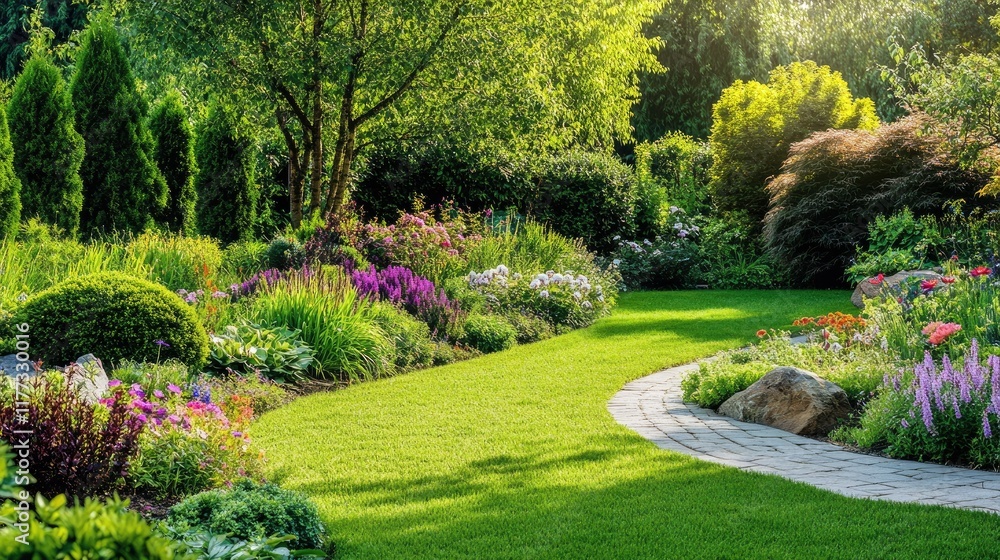 Naklejka premium A well-maintained garden filled with green plants, the vibrant foliage and clean air showcasing the purity of an eco-friendly space.