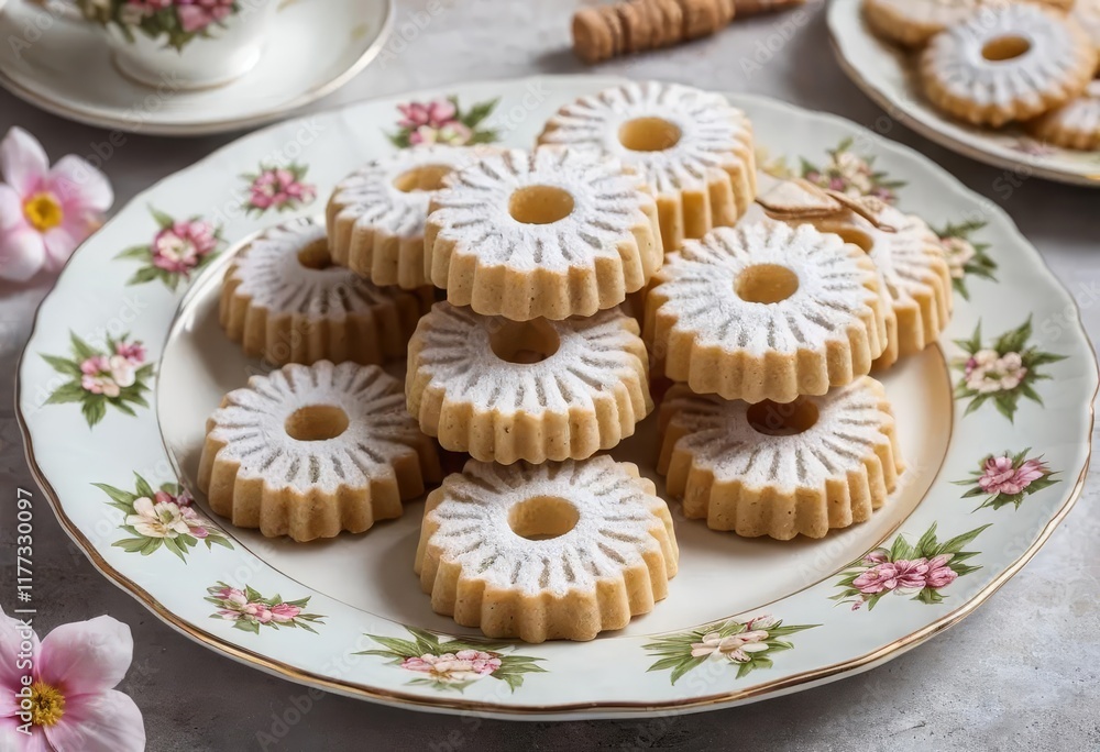 A plate of canestrelli biscuits with a teacup and saucer in the background A plate of canestrelli biscuits with a teacup and saucer in the background
