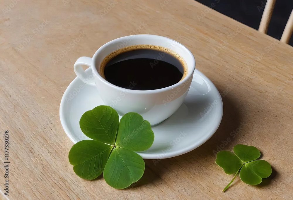 A cup of coffee with a four leaf clover on the saucer A cup of coffee with a four leaf clover on the saucer