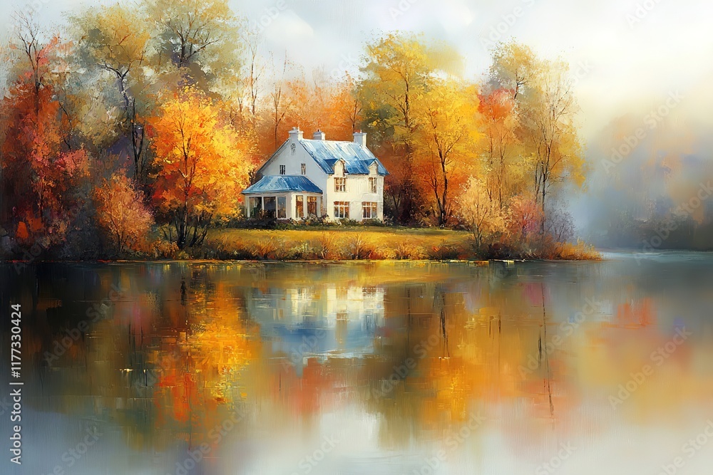 Fototapeta premium Autumnal Lakeside House, a Painting of Tranquil Beauty