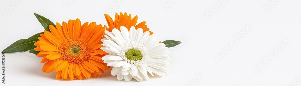 Vibrant Orange and White Gerbera Daisies with Fresh Green Leaves on Light Background Vibrant Orange and White Gerbera Daisies with Fresh Green Leaves on Light Background