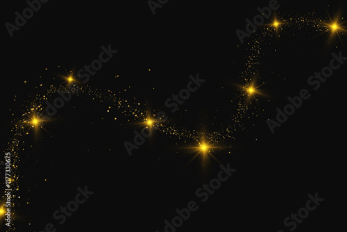 Magic gold dust trail with star shaped sparkles on dark transparent background. Realistic vector illustration of circle and wave path of shine glitter and shimmer particles. Can be used as png.