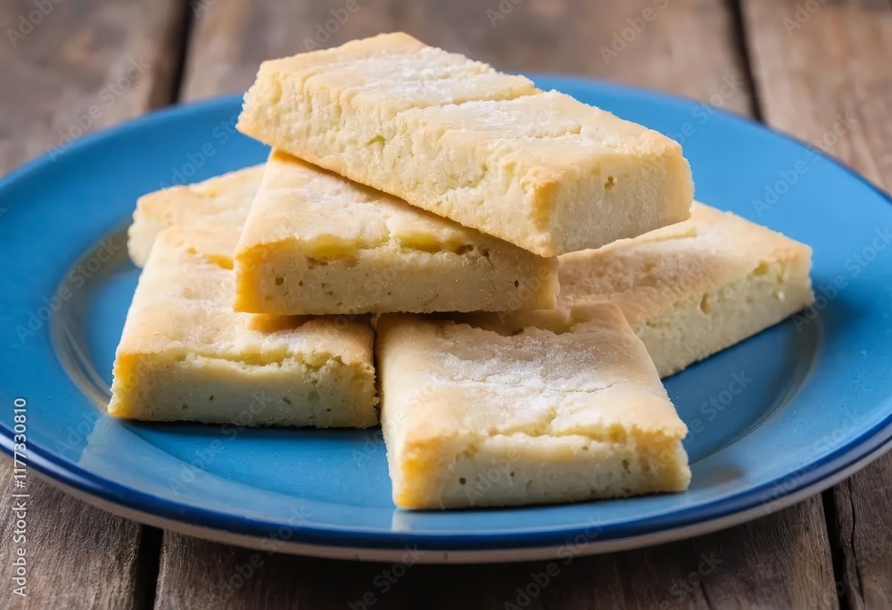 A blue plate with traditional Scottish shortbread finger biscuits arranged on top A blue plate with traditional Scottish shortbread finger biscuits arranged on top