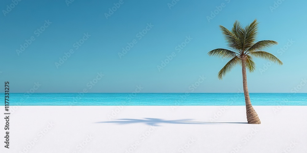Fototapeta premium Serene Tropical Beach Scene with Palm Tree and Clear Blue Sky over Calm Ocean Water