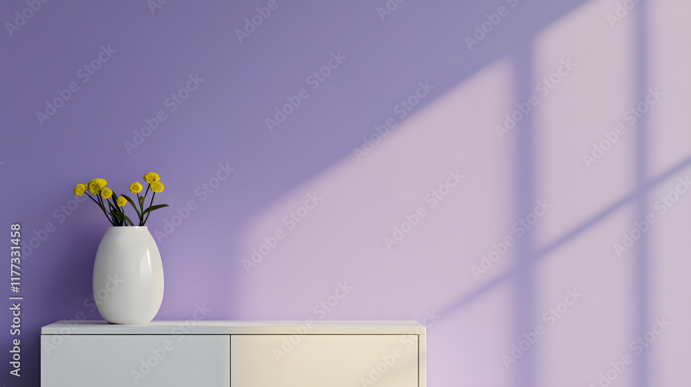 pastel lilac wall with sleek modern cabinet and white vase filled with yellow flowers creates serene and stylish atmosphere. soft shadows add depth and warmth