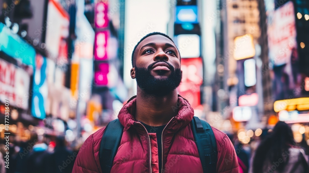 Fototapeta premium A Young Man Gazing Upward in a Vibrant Urban Setting Surrounded by Colorful Billboards in Times Square, New York City at Twilight