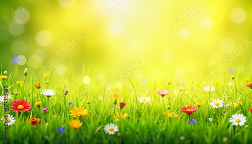 Spring meadow pattern with bright colors and flowers in a sunny background with copy space
