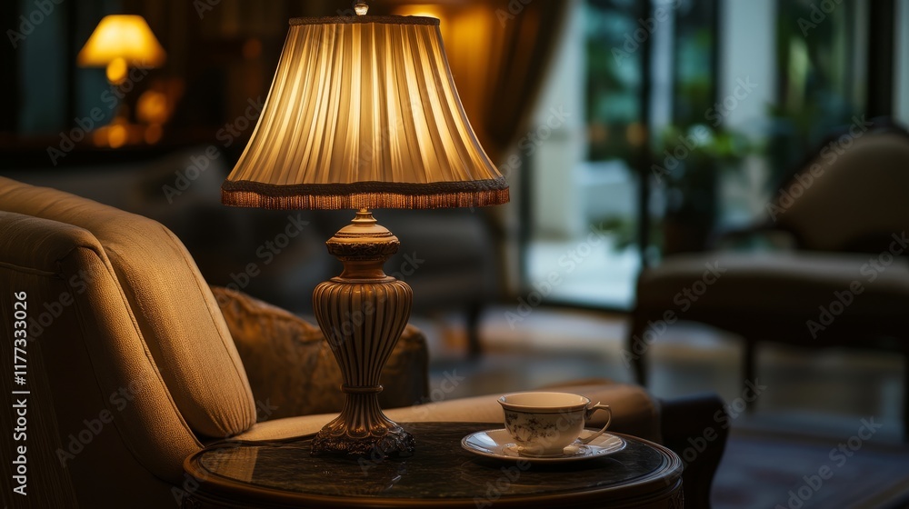 Delicately carved classic table lamp, casting a warm glow in a cozy corner of an elegant vintage living room. Delicately carved classic table lamp, casting a warm glow in a cozy corner of an elegant vintage living room.