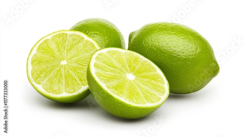Fresh Green Limes and Lime Slices Isolated on White Background