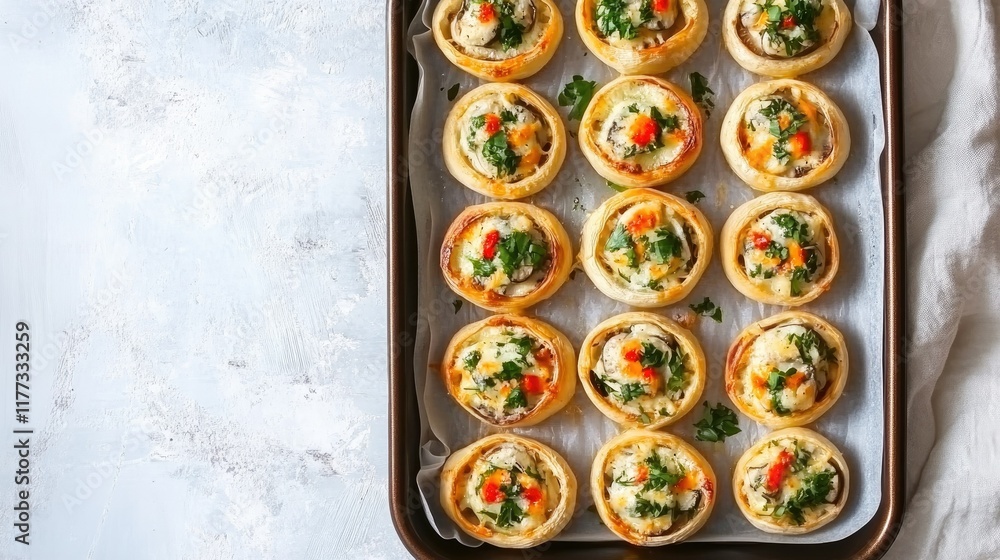 Artistic flat lay of sweet paprikas stuffed with creamy mushrooms, baked with cheese, placed in a baking tray with natural light and space for text Artistic flat lay of sweet paprikas stuffed with creamy mushrooms, baked with cheese, placed in a baking tray with natural light and space for text