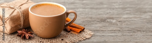 Warm Cup of Coffee with Cinnamon Sticks and Wrapped Gift on Rustic Wooden Table