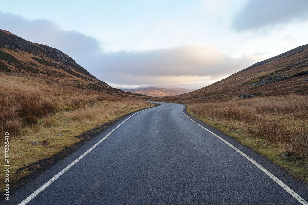 Naklejka premium a road winds through hills under a cloudy sky