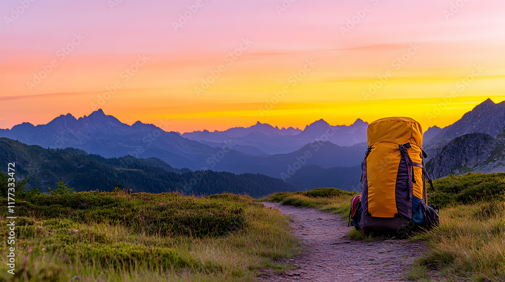 Naklejka premium Sunrise Backpack Hiking Mountain Trail Landscape.