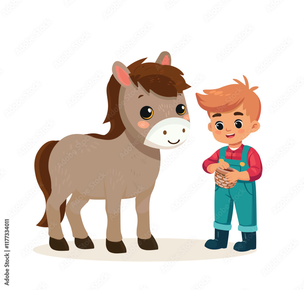 happy cute kid boy feeding cute horse vector happy cute kid boy feeding cute horse vector