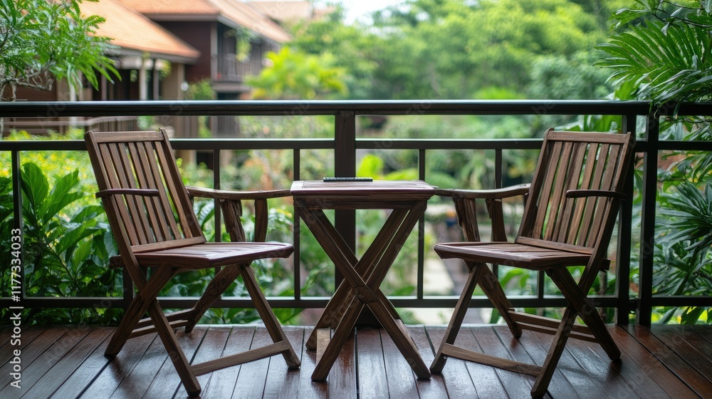 Balcony of a luxury resort room with wooden chairs and a table, offering a relaxing view of the surrounding tropical garden. Balcony of a luxury resort room with wooden chairs and a table, offering a relaxing view of the surrounding tropical garden.