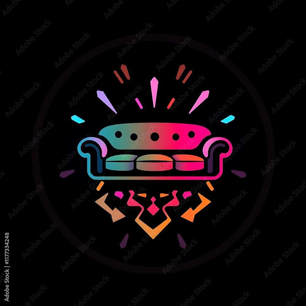 Fototapeta premium Groovy Couch in a Circle: A vibrant, colorful illustration of a retro sofa encircled by a radiant burst, set against a stark black background. The design evokes feelings of comfort, nostalgia.