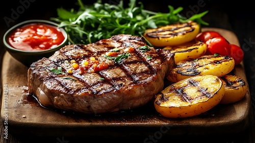 Grilled Steak with Roasted Potatoes: A Delicious and Savory Culinary Scene photo