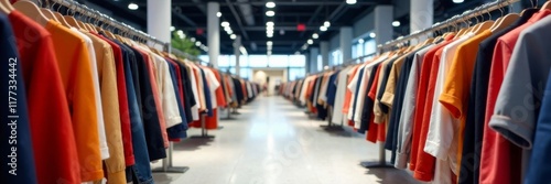 Clothing racks filled with sale items in a modern shopping mall, shopping mall, sale, fashion store