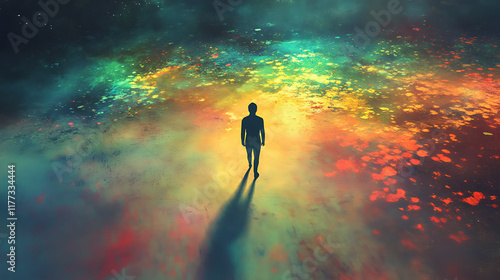 A figure shedding their shadow, walking into a vibrant, light-filled world1 photo