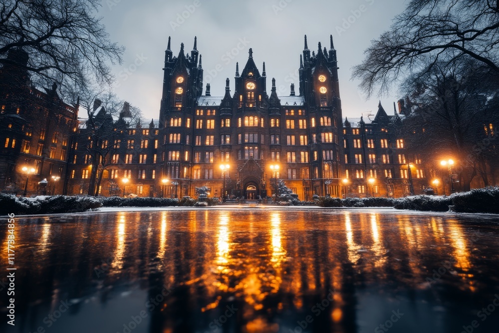 Fototapeta premium A nighttime shot of a historic university building illuminated by warm lights, with reflections in a nearby fountain