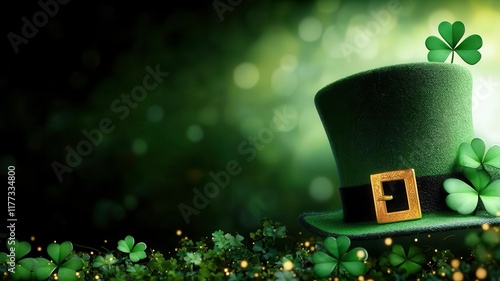 Irish top hat three with leaf clover green St patricks day pattern concept. Leprechaun hat surrounded by clovers on a green background.