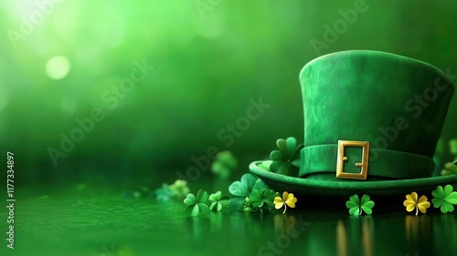 Irish top hat three with leaf clover green St patricks day pattern concept. Green hat with clovers for St. Patrick's Day celebration.