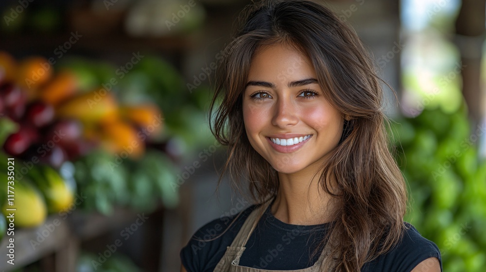 A smiling young woman in an apron stands confidently at her market stall, surrounded by fresh vegetables, representing local farming, healthy living, and sustainable agriculture A smiling young woman in an apron stands confidently at her market stall, surrounded by fresh vegetables, representing local farming, healthy living, and sustainable agriculture
