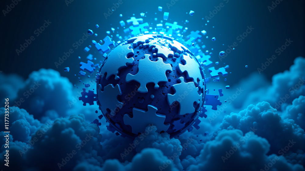 Obraz premium A stunning blue globe made of puzzle pieces, surrounded by soft clouds, symbolizing unity.
