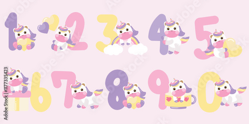 Playful Unicorns with Colorful Numbers Illustration