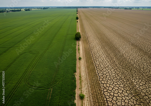 Side-by-side comparison showing climate change effects on agriculture with lush crops under clear skies versus drought-stricken fields under a harsh sun highlighting environmental challenges.

 photo