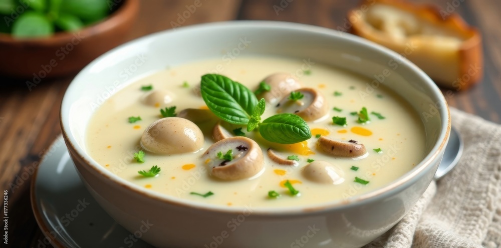 Creamy white mushroom soup in a flat white ceramic bowl , nutrition, creamy, mushrooms Creamy white mushroom soup in a flat white ceramic bowl , nutrition, creamy, mushrooms