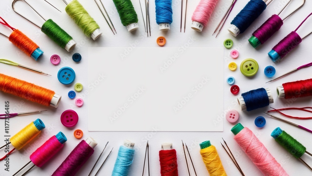 Obraz premium Colorful threads, buttons, and needles are neatly arranged on a white background, offering a blank space for text or design ideas. Generative AI
