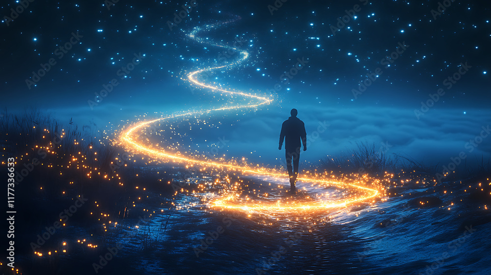 Fototapeta premium A glowing path spiraling into the sky, with a lone traveler taking the first step. (3)