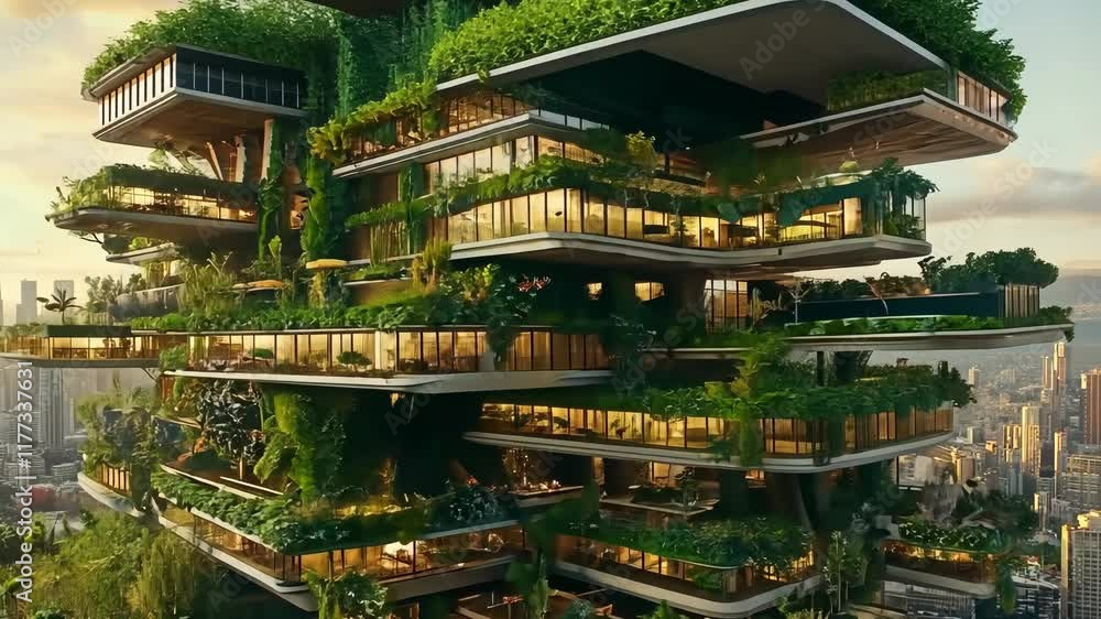 Innovative vertical garden building showcasing modern architecture in an urban setting during sunset Innovative vertical garden building showcasing modern architecture in an urban setting during sunset