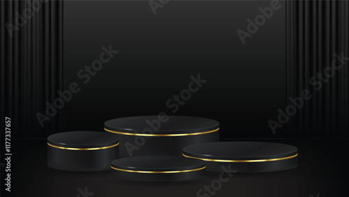 Set of four Realistic 3D black cylinder pedestal podium set with dark curtains background. Vector abstract minimal wall scene for products stage showcase, Promotion display. stock illustration