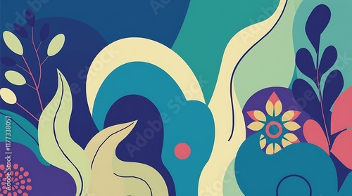 Abstract Floral Pattern: A whimsical and organic abstract floral pattern in a vibrant palette of blues, greens, and pinks. The image features stylized flowers, leaves, and swirls.