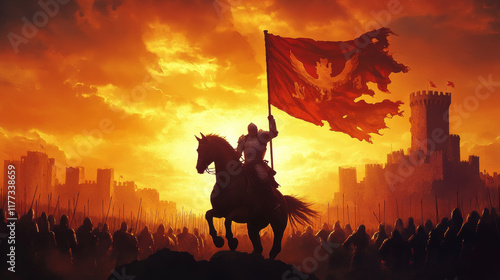 knight rearing their horse at head of army, holding flag against dramatic sunset backdrop. scene evokes sense of bravery and leadership