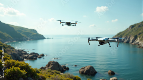 Two drones fly gracefully over a tranquil coastal landscape, showcasing stunning blue waters. photo