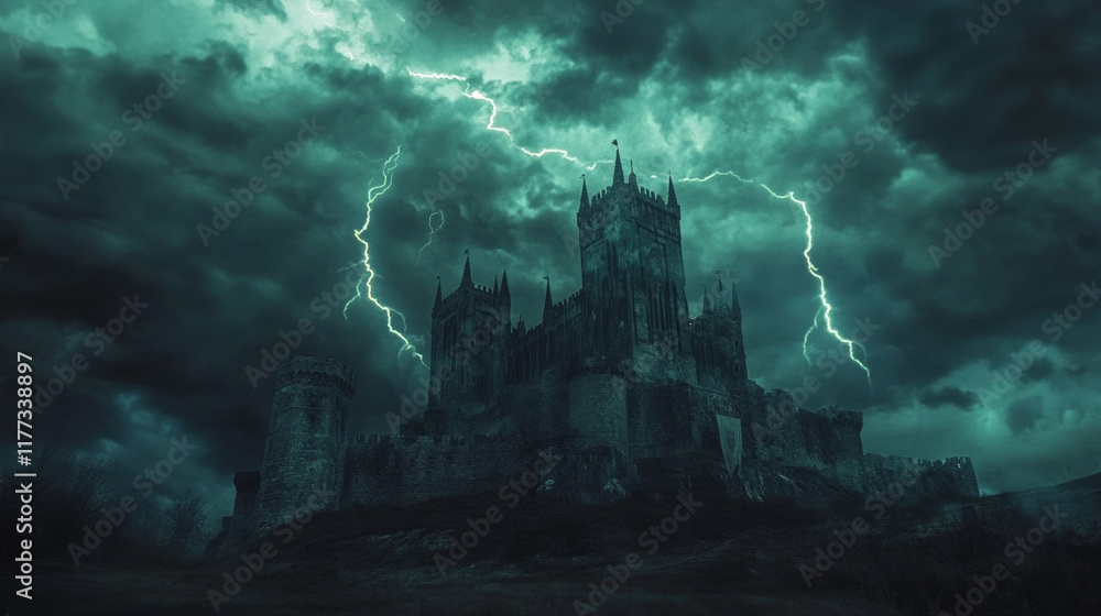 Fototapeta premium dark castle looms under stormy sky, illuminated by flashes of lightning. ominous atmosphere evokes sense of mystery and foreboding, enhancing dramatic scene