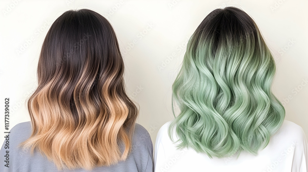 Naklejka premium Two women showcasing ombre hair color, blonde and mint green, against a plain background. Ideal for hair salons or beauty blogs.