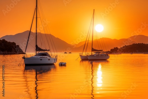 A serene evening at a harbor in LoÅ¡inj, with the sun setting behind docked sailboats photo