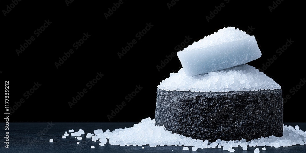 Obraz premium Elegant Arrangement of Sea Salt and Soap on Dark Stone Surface with Black Background