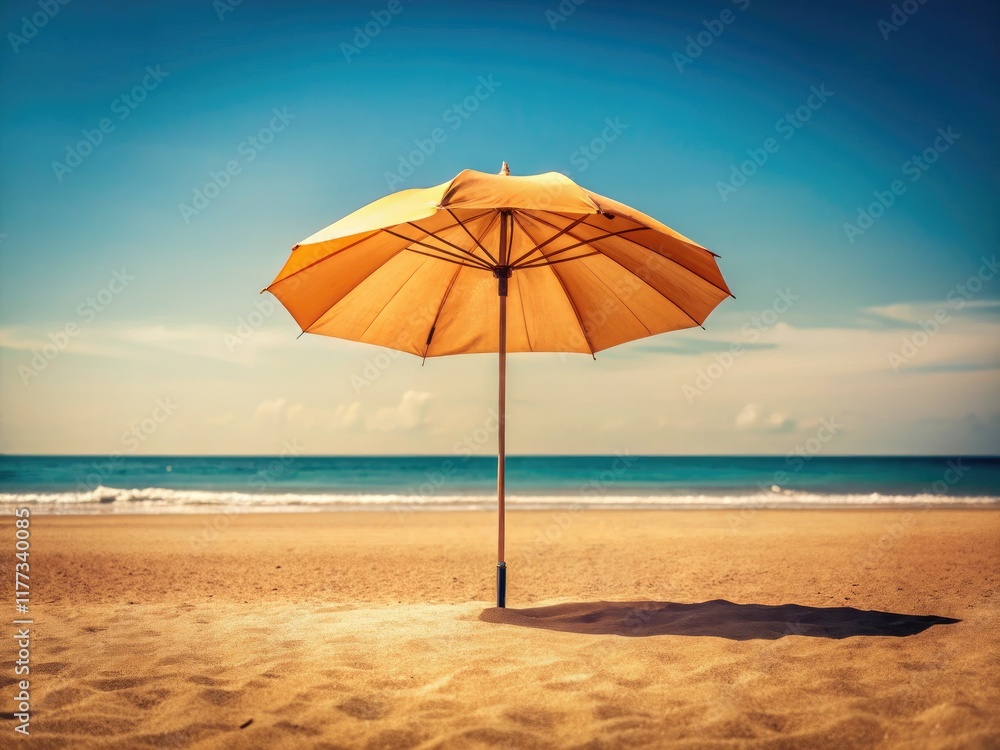 Elegant tan umbrella casts a minimalist shade on a sun-drenched beach, pure summer simplicity. Elegant tan umbrella casts a minimalist shade on a sun-drenched beach, pure summer simplicity.